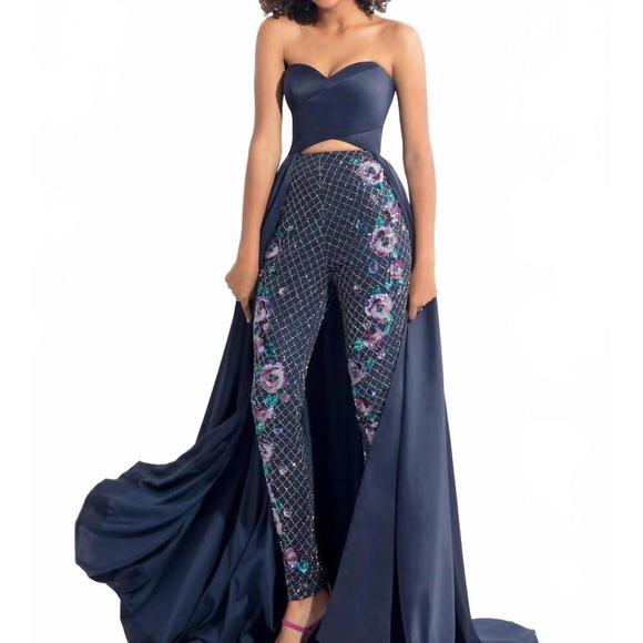 NEW RACHEL ALLAN stretch satin gown with beaded pants in navy - Picture 1 of 5